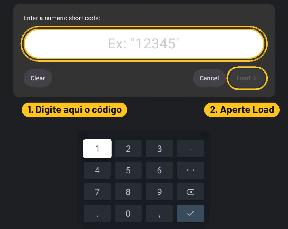 Janela do Downloader para digitar o código, com a caixa e o botão Load em destaque