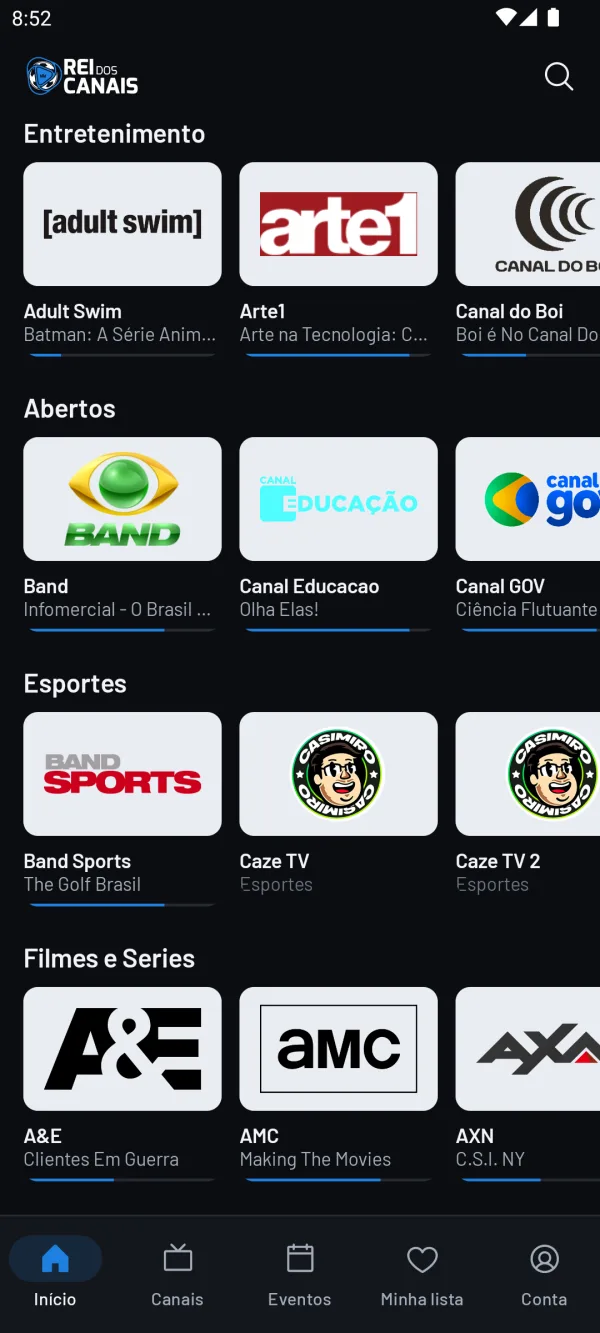 Tela inicial com canais por categoria